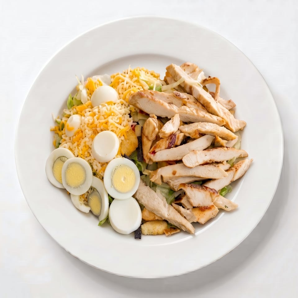 Grilled chicken salad with shredded cheese, hard-boiled eggs, and croutons on a white plate.