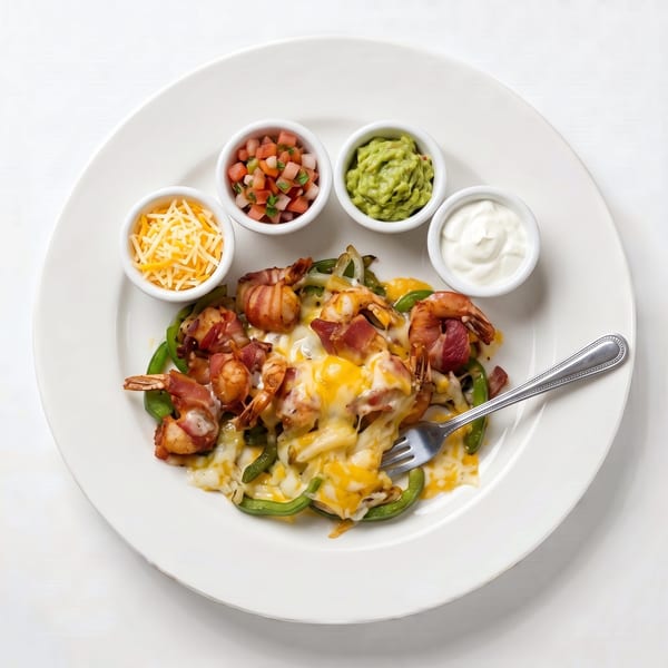 Bacon-wrapped shrimp fajitas with melted cheese, green peppers, onions, and sides of pico de gallo, guacamole, and sour cream.