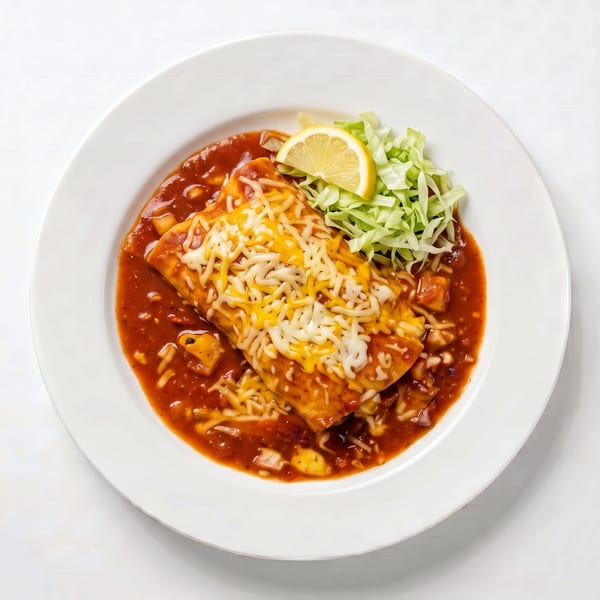 A cheese-covered burrito smothered in red sauce, served with shredded lettuce and a lemon wedge.