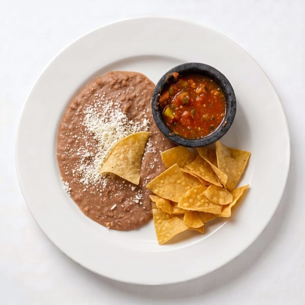 Refried beans with crumbled cheese, tortilla chips, and a black bowl of salsa on a white plate.