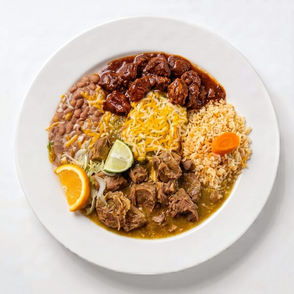 A white plate with two types of stewed meat, rice, beans, cheese, and citrus garnishes.