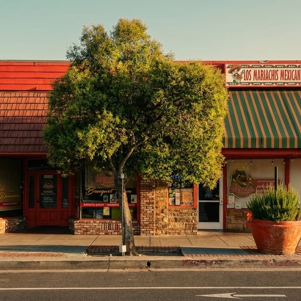 Exterior of Los Mariachis Mexican Restaurant with a green striped awning and a tree in front.
