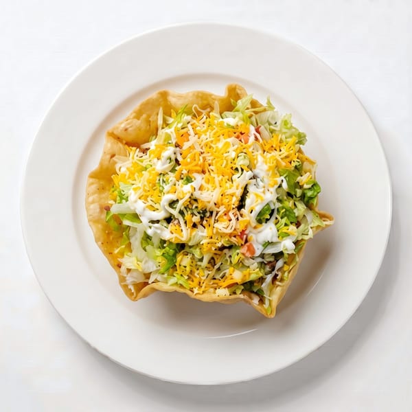 Taco salad in a crispy tortilla bowl, topped with shredded lettuce, cheese, and sour cream.