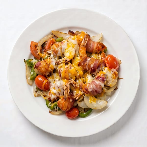 Bacon-wrapped shrimp with melted cheese, bell peppers, onions, and cherry tomatoes on a white plate.