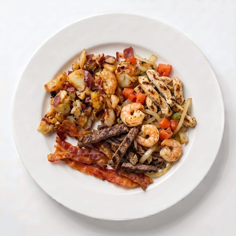 A white plate with a hearty breakfast of bacon, shrimp, steak, chicken, and potatoes.