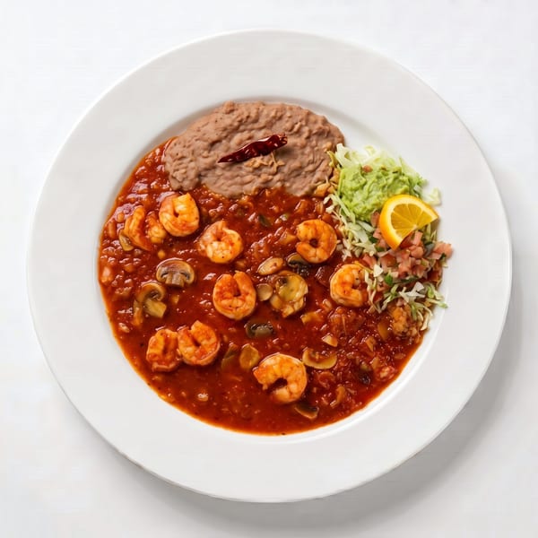 Shrimp in red sauce with mushrooms, refried beans, guacamole, pico de gallo, and an orange slice.