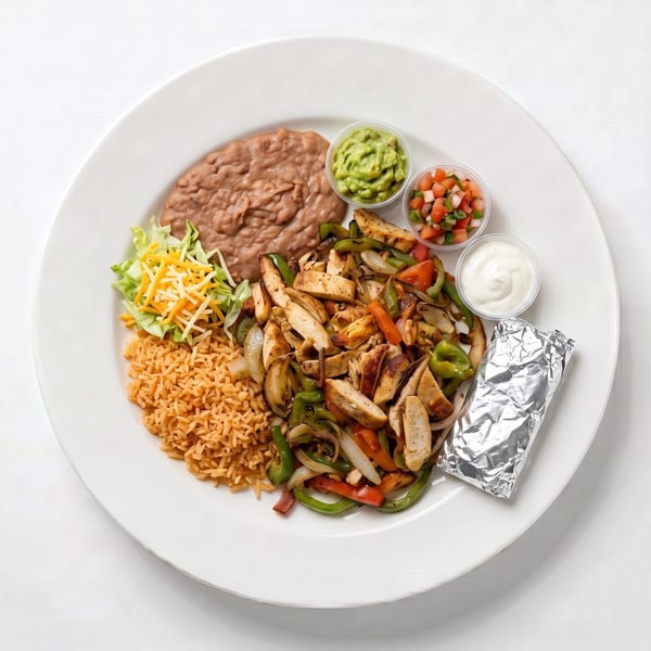 Chicken fajitas with rice, refried beans, lettuce, cheese, guacamole, pico de gallo, and sour cream.