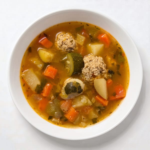 Hearty vegetable and meatball soup in a white bowl, featuring carrots, zucchini, and potatoes.
