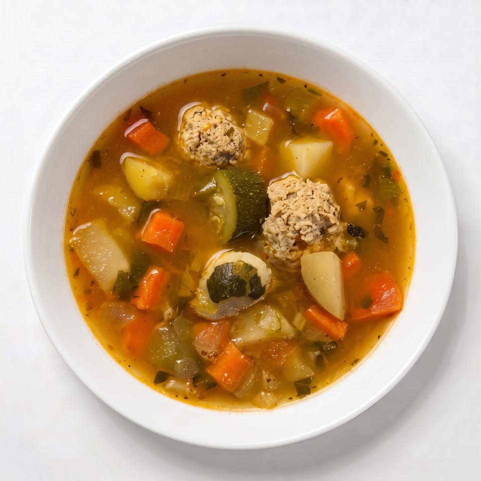 Hearty vegetable and meatball soup in a white bowl, featuring carrots, zucchini, and potatoes.