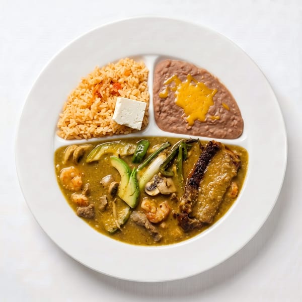 A divided plate with rice, refried beans, and a green stew with meat, shrimp, and vegetables.