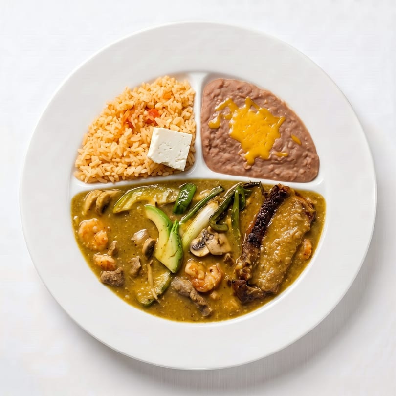 A divided plate with rice, refried beans, and a green stew with meat, shrimp, and vegetables.