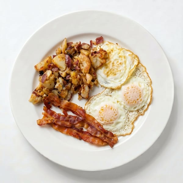 A white plate holds a breakfast of fried eggs, crispy bacon strips, and seasoned home fries.