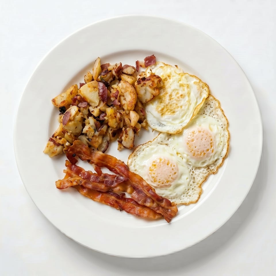 A white plate holds a breakfast of fried eggs, crispy bacon strips, and seasoned home fries.