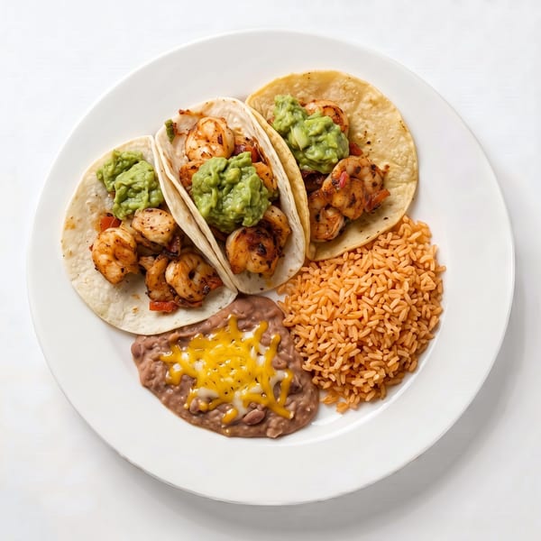 Three shrimp tacos with guacamole, served with refried beans and rice on a white plate.