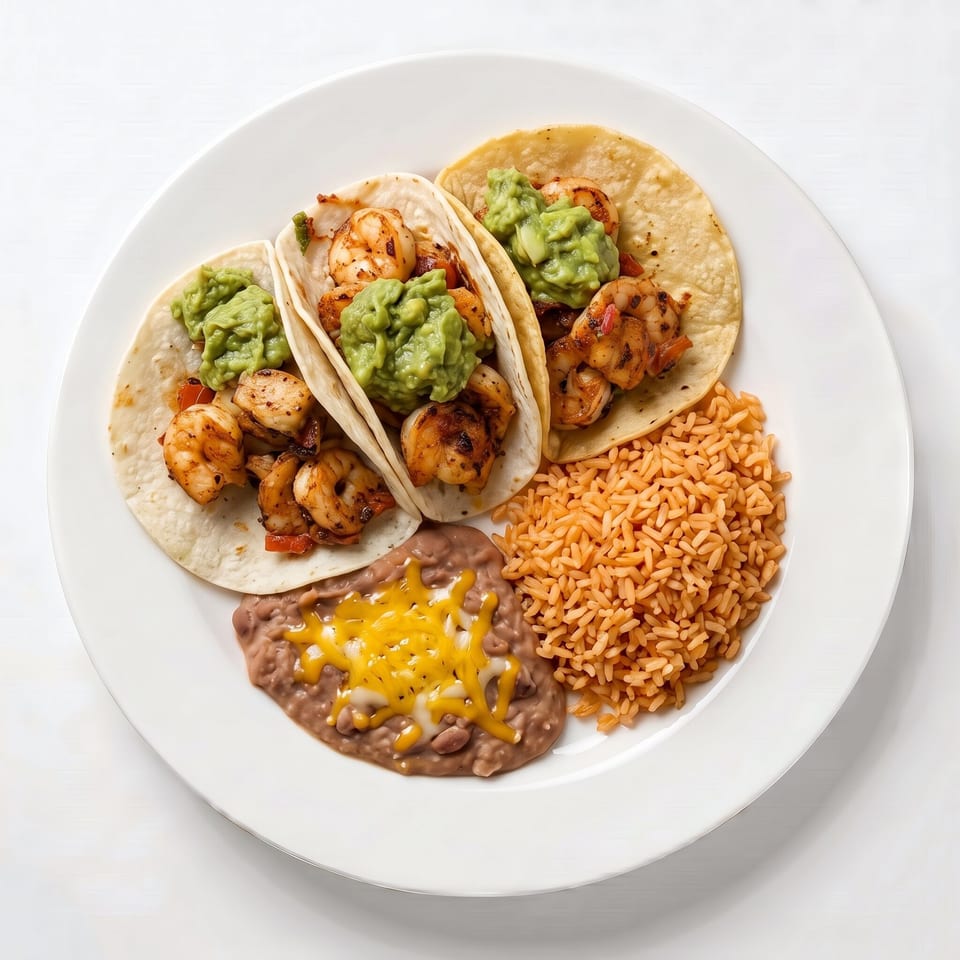 Three shrimp tacos with guacamole, served with refried beans and rice on a white plate.