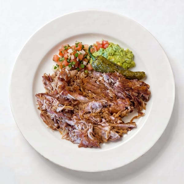 Shredded carnitas with pico de gallo, guacamole, and a roasted green chili on a white plate.