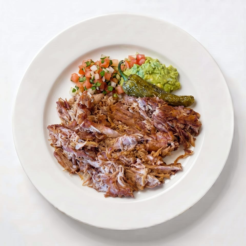 Shredded carnitas with pico de gallo, guacamole, and a roasted green chili on a white plate.