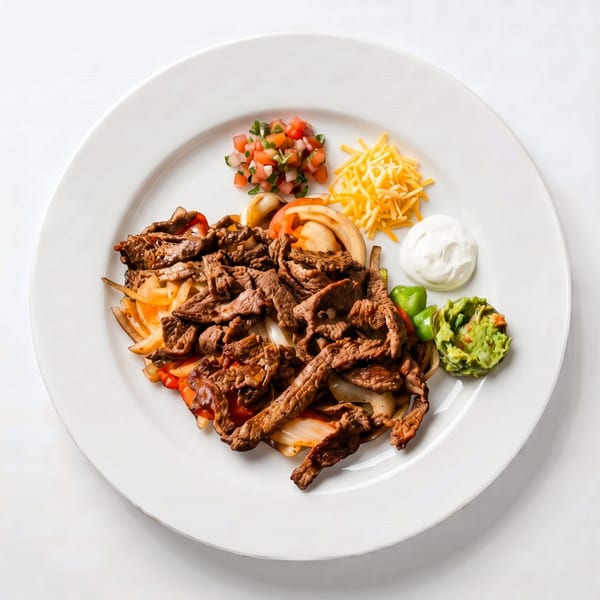 Beef fajitas with onions, peppers, pico de gallo, shredded cheese, sour cream, and guacamole.