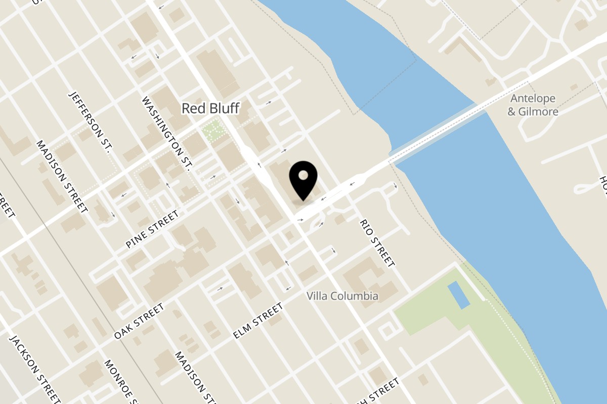 Map showing the location of Los Mariachis on 604 Main St in Red Bluff